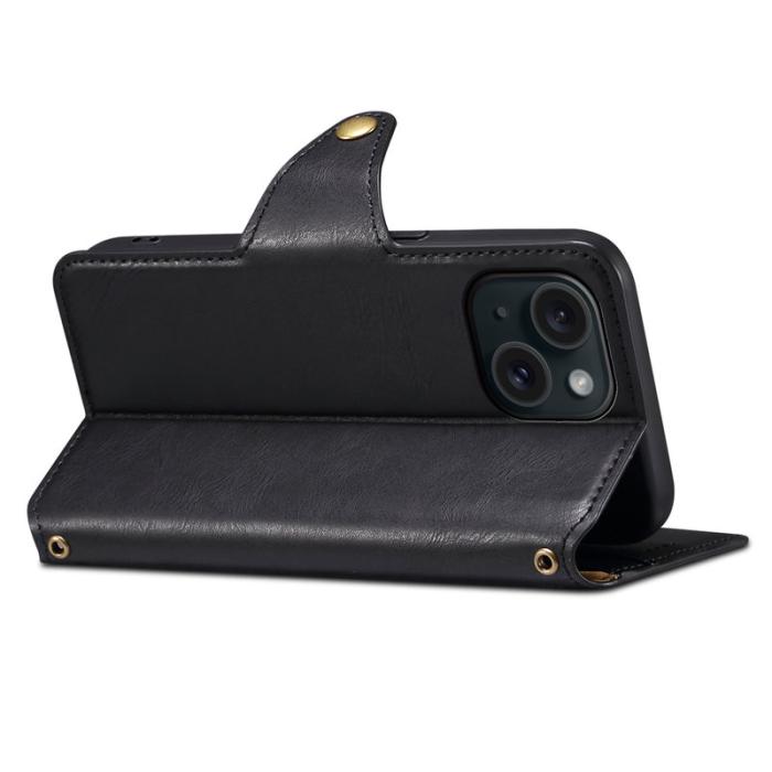 DENIOR - DENIOR iPhone 15 Plånboksfodral Äkta Läder Svart