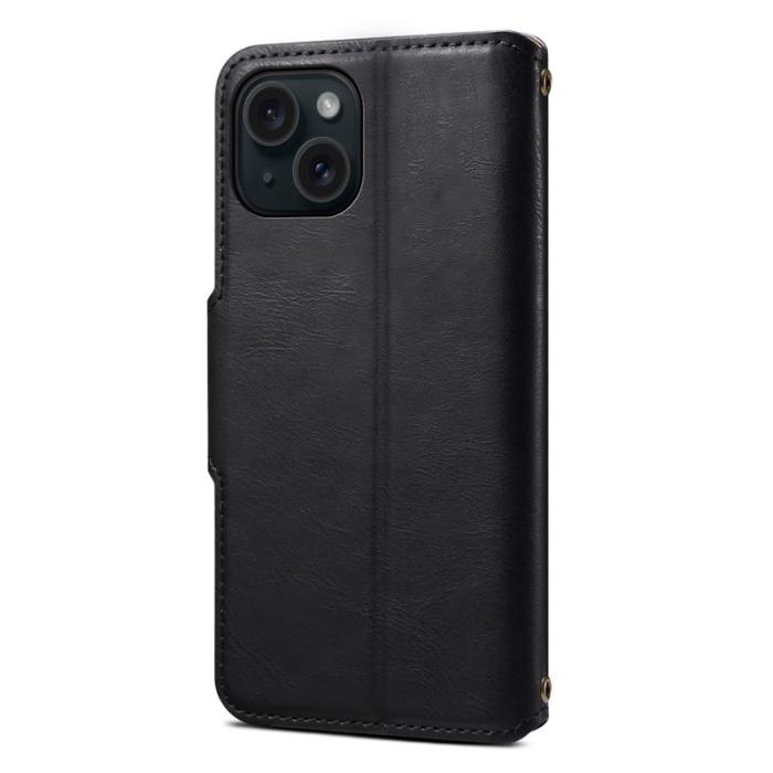 DENIOR - DENIOR iPhone 15 Plånboksfodral Äkta Läder Svart