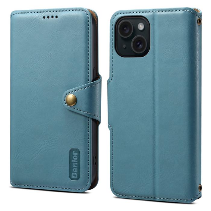 DENIOR - DENIOR iPhone 15 Plånboksfodral Äkta Läder Blå