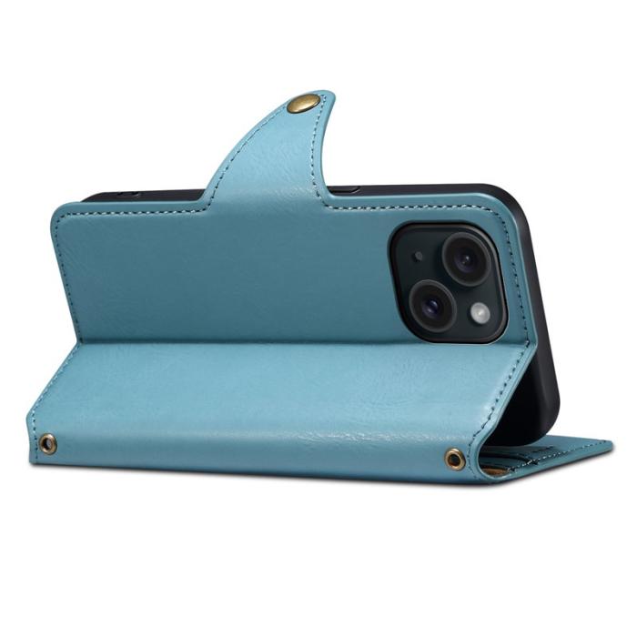 DENIOR - DENIOR iPhone 15 Plånboksfodral Äkta Läder Blå