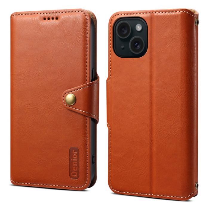 DENIOR - DENIOR iPhone 15 Plånboksfodral Äkta Läder med Ställ - Brun