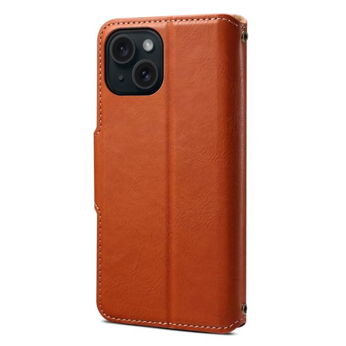 DENIOR - DENIOR iPhone 15 Plånboksfodral Äkta Läder med Ställ - Brun
