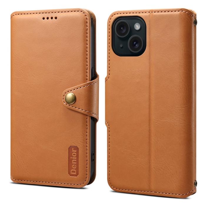 DENIOR - DENIOR iPhone 15 Plånboksfodral i äkta läder - Khaki