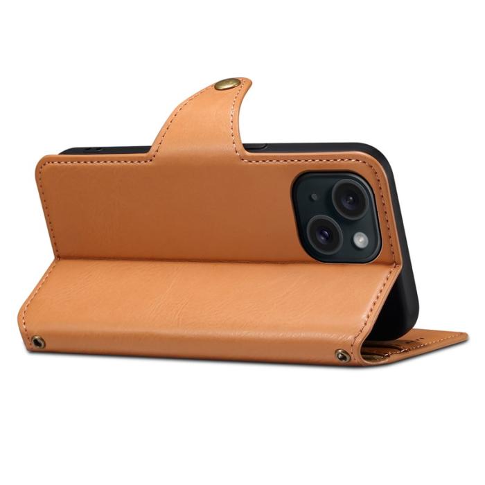 DENIOR - DENIOR iPhone 15 Plånboksfodral i äkta läder - Khaki