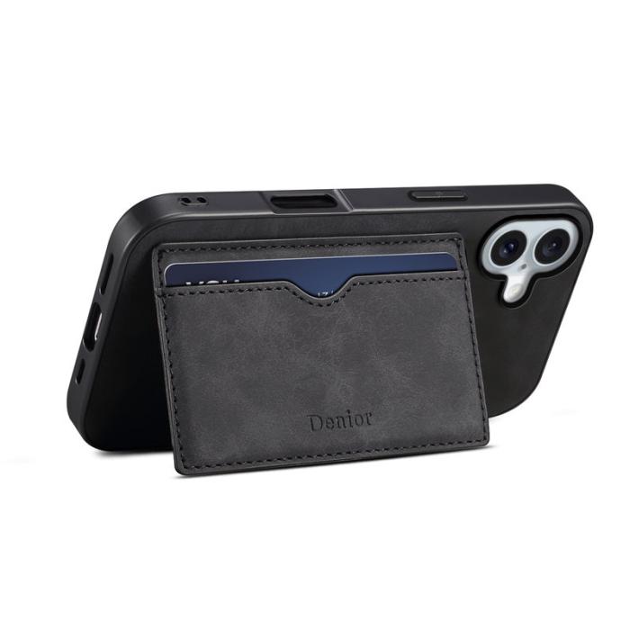 DENIOR - DENIOR iPhone 16 Fodral Kortfack Ställ Retro Läder+PC+TPU Svart