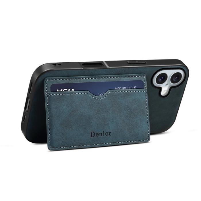 DENIOR - DENIOR iPhone 16 Fodral Kortfack Ställ Retro Läder+PC+TPU Blå