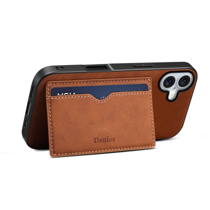 DENIOR - DENIOR iPhone 16 Fodral Kortfack Ställ Retro Läder+PC+TPU - Brun