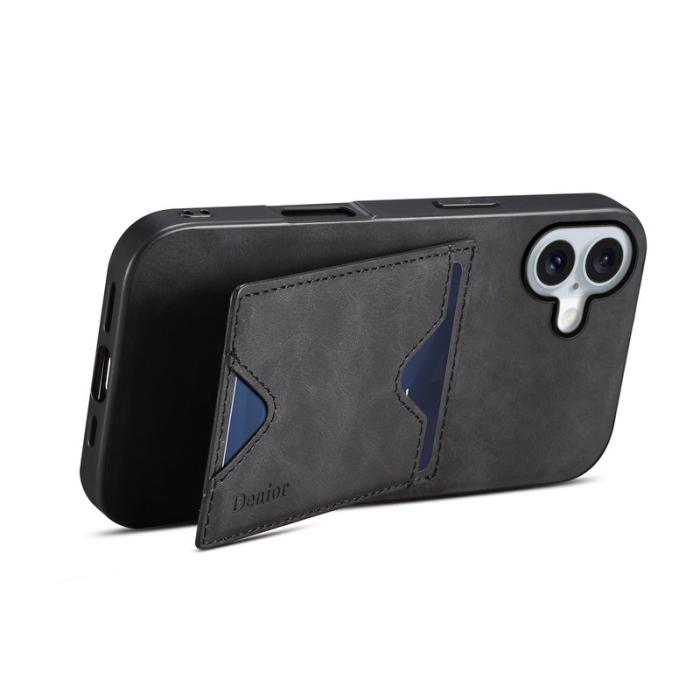 DENIOR - DENIOR iPhone 16 Fodral Läder + TPU Med Kortfack Ställ - Svart