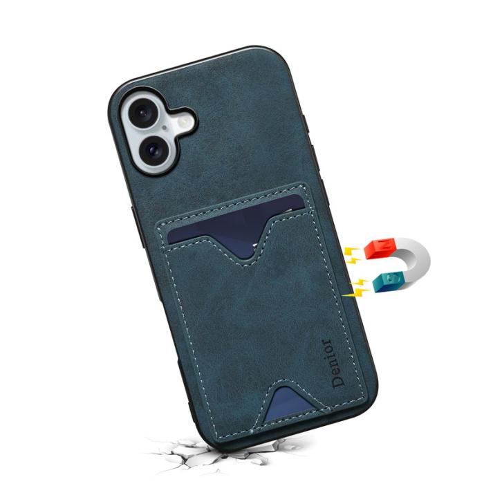 DENIOR - DENIOR iPhone 16 Fodral Läder + TPU Med Kortfack Ställ - Blå