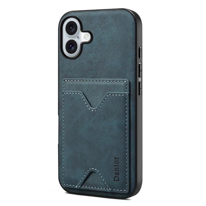 DENIOR - DENIOR iPhone 16 Fodral Läder + TPU Med Kortfack Ställ - Blå