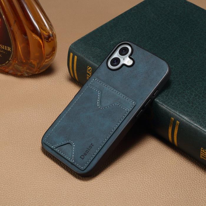 DENIOR - DENIOR iPhone 16 Fodral Läder + TPU Med Kortfack Ställ - Blå