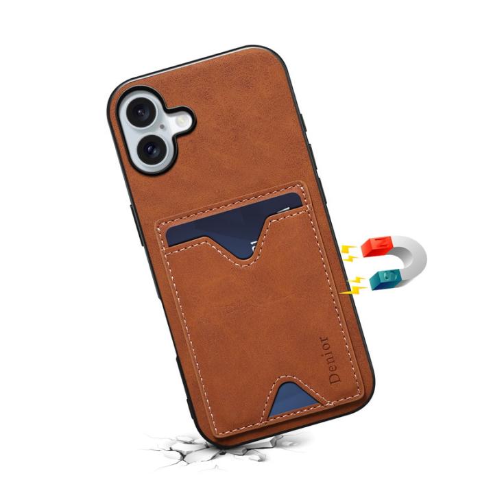 DENIOR - DENIOR iPhone 16 Fodral Läder + TPU Med Kortfack - Brun