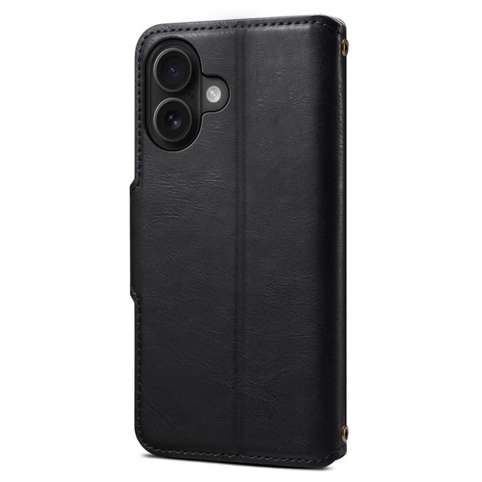 DENIOR - DENIOR iPhone 16 Fodral Plånbok Äkta Läder Svart