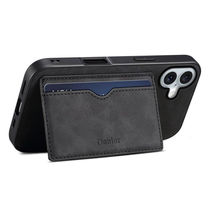 DENIOR - DENIOR iPhone 16 Plus Fodral Kortfickor Ställ Retro Läder+PC+TPU Svart