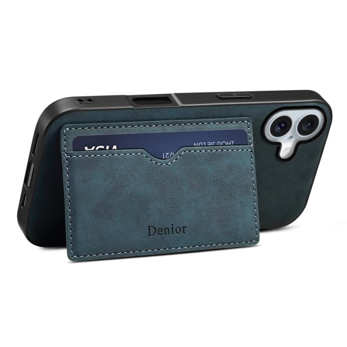 DENIOR - DENIOR iPhone 16 Plus Fodral Kortfack Ställ Retro Läder+PC+TPU Blå
