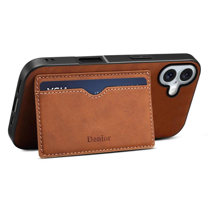 DENIOR - DENIOR iPhone 16 Plus Fodral Kortfack Ställ Retro Läder+PC+TPU Brun