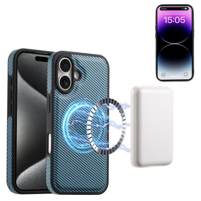 DENIOR - DENIOR iPhone 16 Plus Fodral i äkta läder med kolfibertextur - Blå