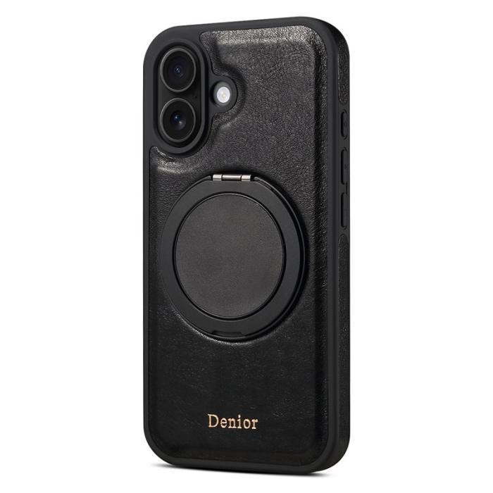 DENIOR - DENIOR iPhone 16 Plus Fodral Rotera Magnetisk Ställning Äkta Läder Svart