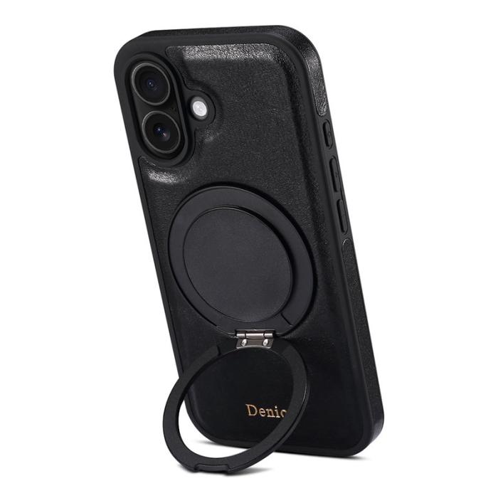 DENIOR - DENIOR iPhone 16 Plus Fodral Rotera Magnetisk Ställning Äkta Läder Svart