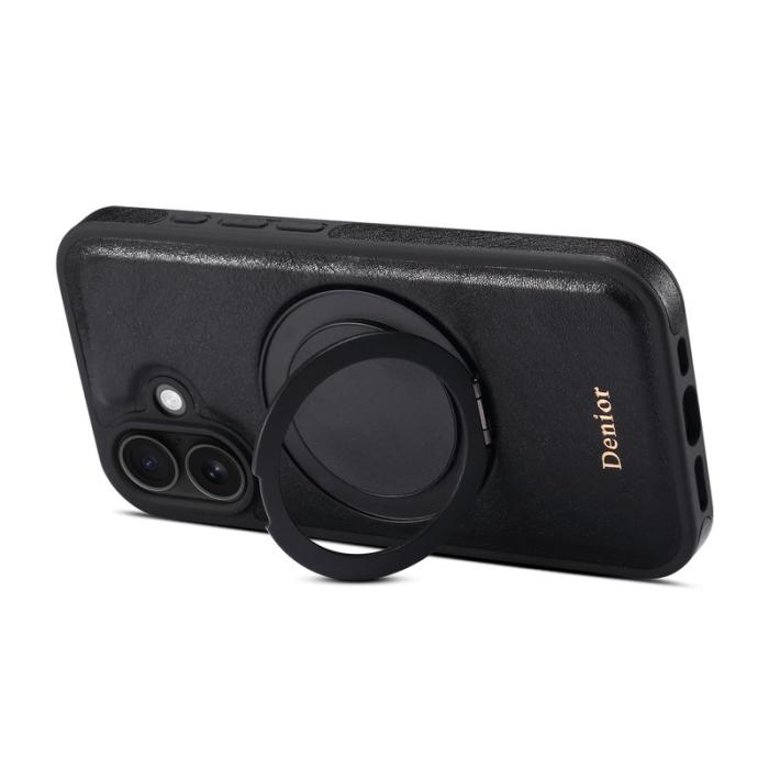 DENIOR - DENIOR iPhone 16 Plus Fodral Rotera Magnetisk Ställning Äkta Läder Svart