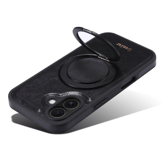 DENIOR - DENIOR iPhone 16 Plus Fodral Rotera Magnetisk Ställning Äkta Läder Svart