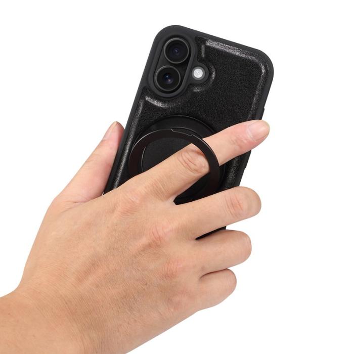 DENIOR - DENIOR iPhone 16 Plus Fodral Rotera Magnetisk Ställning Äkta Läder Svart