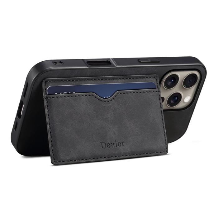DENIOR - DENIOR iPhone 16 Pro Fodral Kortfack Ställ Retro Läder + PC + TPU - Svart