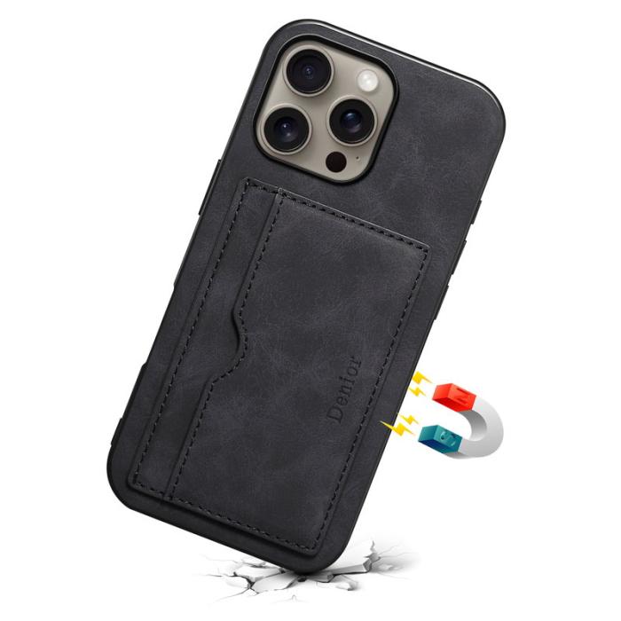DENIOR - DENIOR iPhone 16 Pro Fodral Kortfack Ställ Retro Läder + PC + TPU - Svart