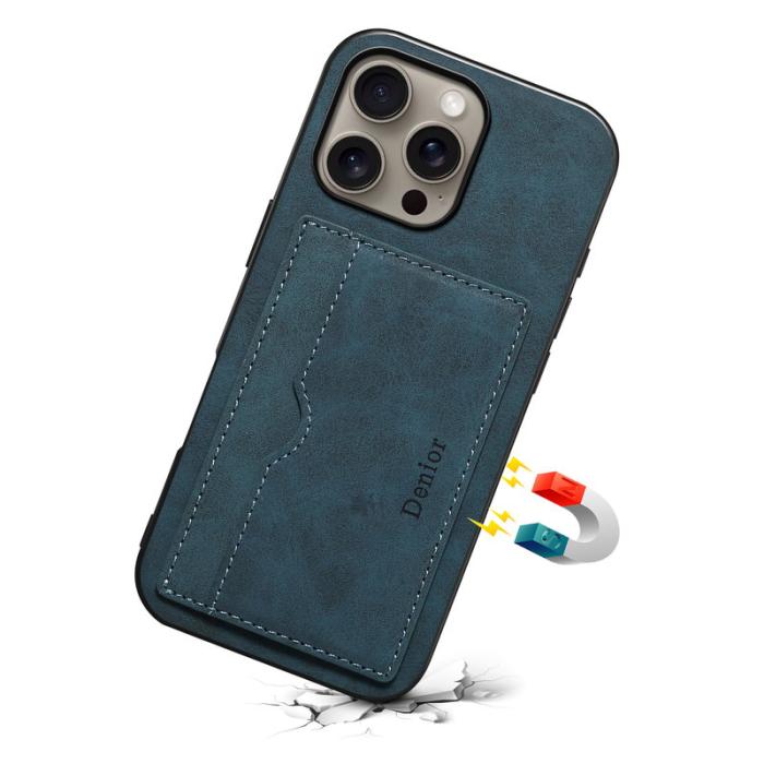 DENIOR - DENIOR iPhone 16 Pro Fodral Kortfack Ställ Retro Läder+PC+TPU Blå