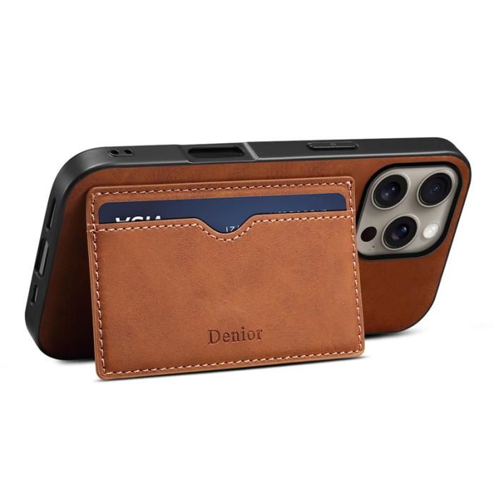 DENIOR - DENIOR iPhone 16 Pro Fodral Kortfack Ställ Retro Läder+PC+TPU Brun