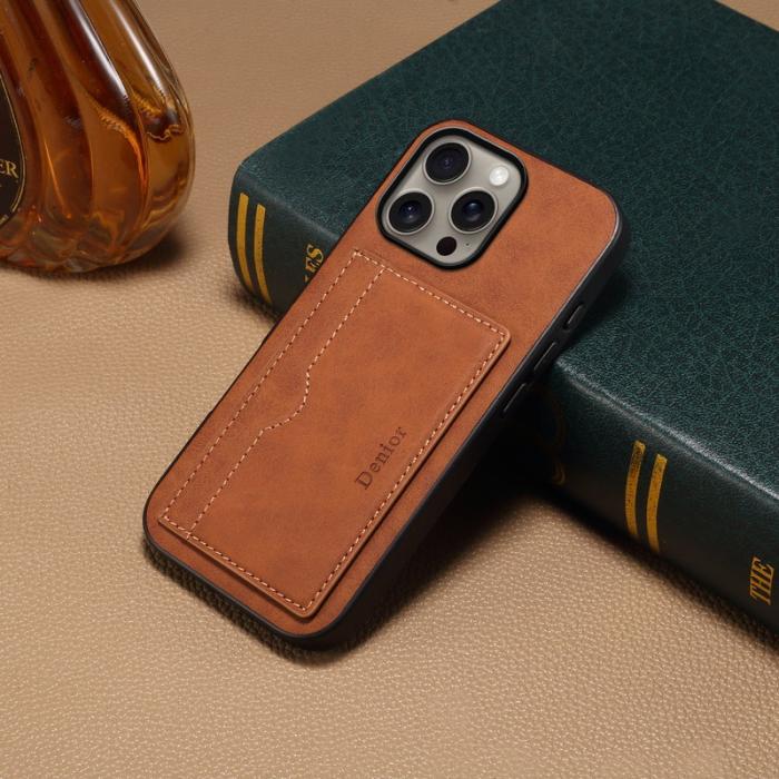 DENIOR - DENIOR iPhone 16 Pro Fodral Kortfack Ställ Retro Läder+PC+TPU Brun