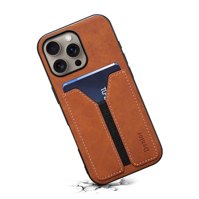 DENIOR - DENIOR iPhone 16 Pro Fodral Elastisk Kortficka PU Läder Brun