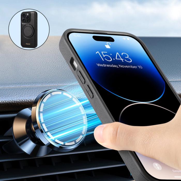 DENIOR - DENIOR iPhone 16 Pro Fodral Rotera Magnetisk Ställning Äkta Läder - Svart