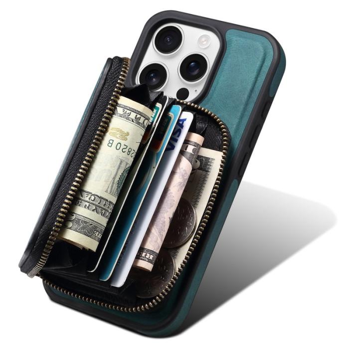 DENIOR - DENIOR iPhone 16 Pro Fodral Äkta Läder Med Dragkedja - Blå