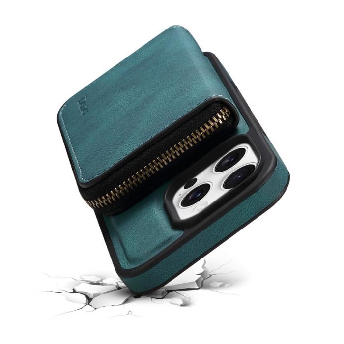 DENIOR - DENIOR iPhone 16 Pro Fodral Äkta Läder Med Dragkedja - Blå