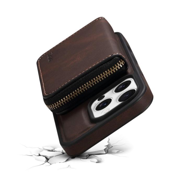 DENIOR - DENIOR iPhone 16 Pro Fodral Äkta Läder Med Dragkedja - Brun