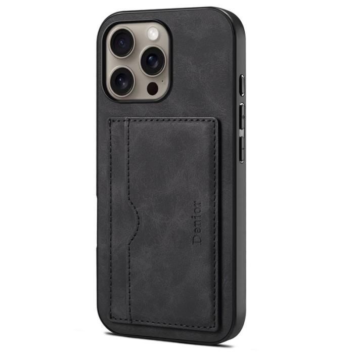 DENIOR - DENIOR iPhone 16 Pro Max Fodral Kortfack Ställ Retro Läder+PC+TPU Svart