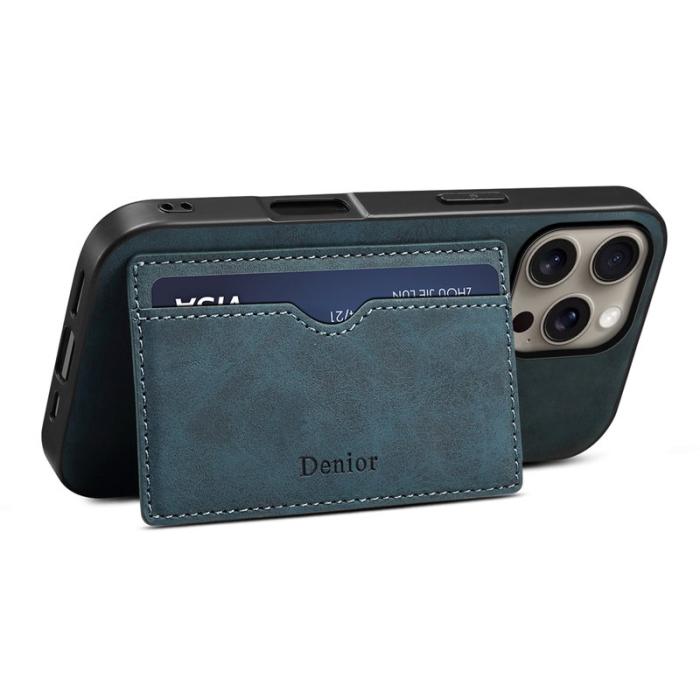 DENIOR - DENIOR iPhone 16 Pro Max Fodral Kortfack Ställ Retro Läder+PC+TPU Blå