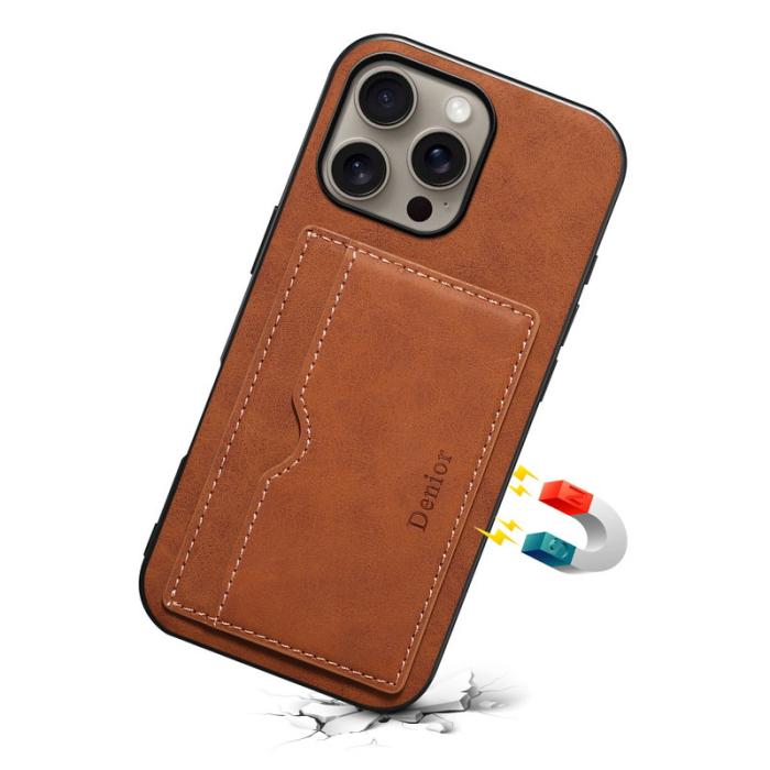 DENIOR - DENIOR iPhone 16 Pro Max Fodral Kortfack Ställ Retro Läder+PC+TPU Brun