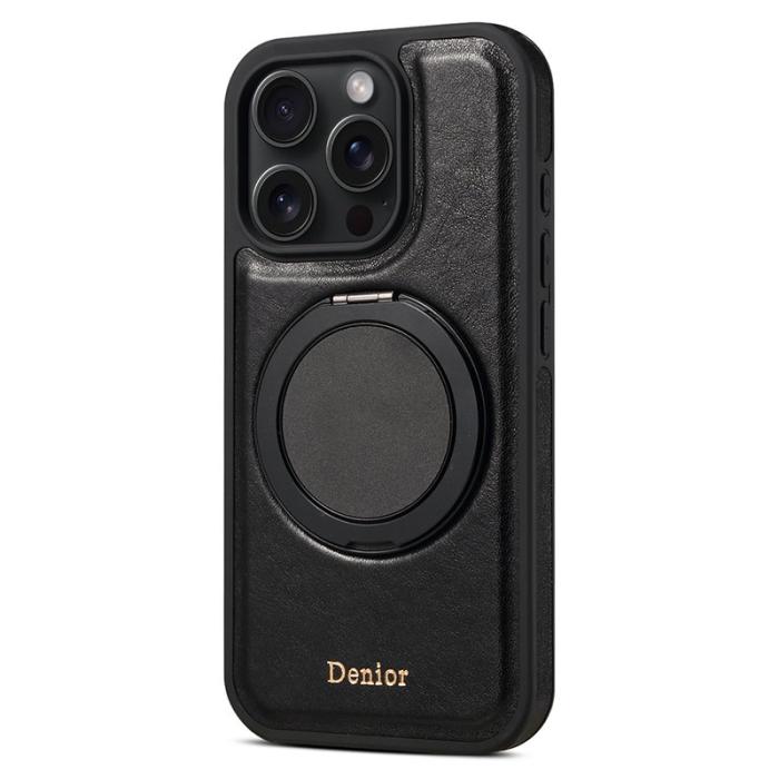DENIOR - DENIOR iPhone 16 Pro Max Fodral Rotera Magnetisk Ställning Äkta Läder Svart
