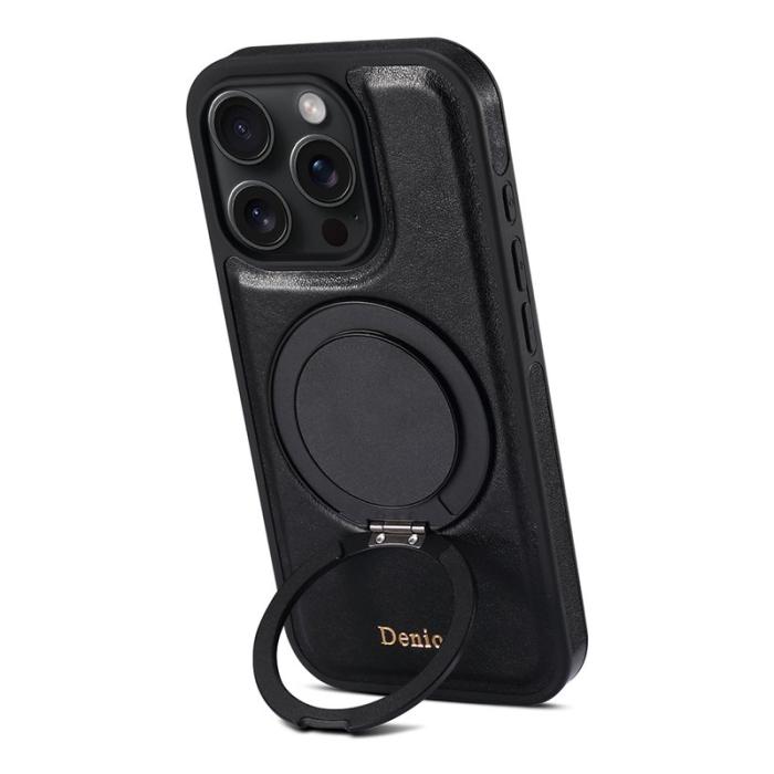 DENIOR - DENIOR iPhone 16 Pro Max Fodral Rotera Magnetisk Ställning Äkta Läder Svart