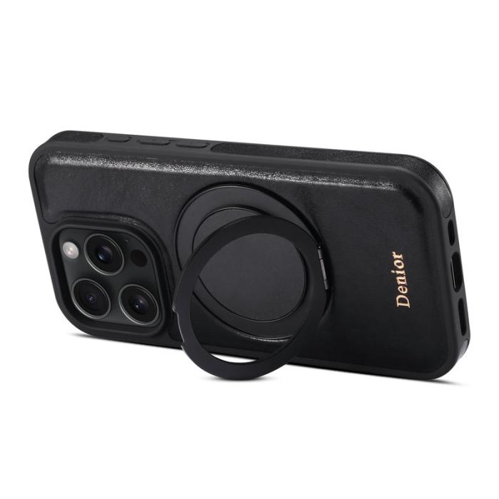 DENIOR - DENIOR iPhone 16 Pro Max Fodral Rotera Magnetisk Ställning Äkta Läder Svart