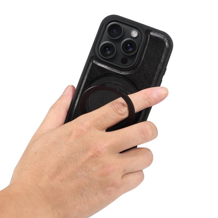 DENIOR - DENIOR iPhone 16 Pro Max Fodral Rotera Magnetisk Ställning Äkta Läder Svart