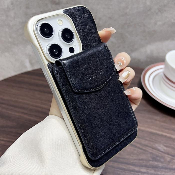 DENIOR - DENIOR iPhone 16 Pro Max Skal Äkta Läder PC Ställ - Svart