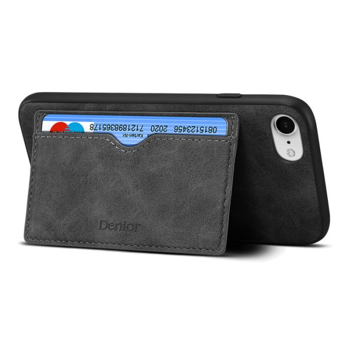 DENIOR - DENIOR iPhone 16e Fodral Kortfack Ställ Retro Läder + PC + TPU - Svart