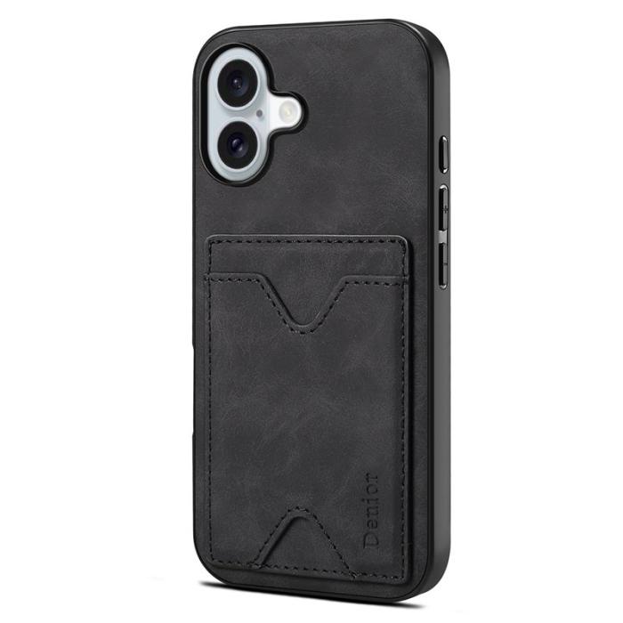 DENIOR - DENIOR iPhone 17 Fodral Kortfack Ställ i Läder + PC + TPU - Svart