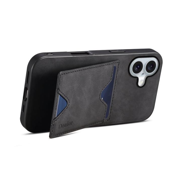 DENIOR - DENIOR iPhone 17 Fodral Kortfack Ställ i Läder + PC + TPU - Svart