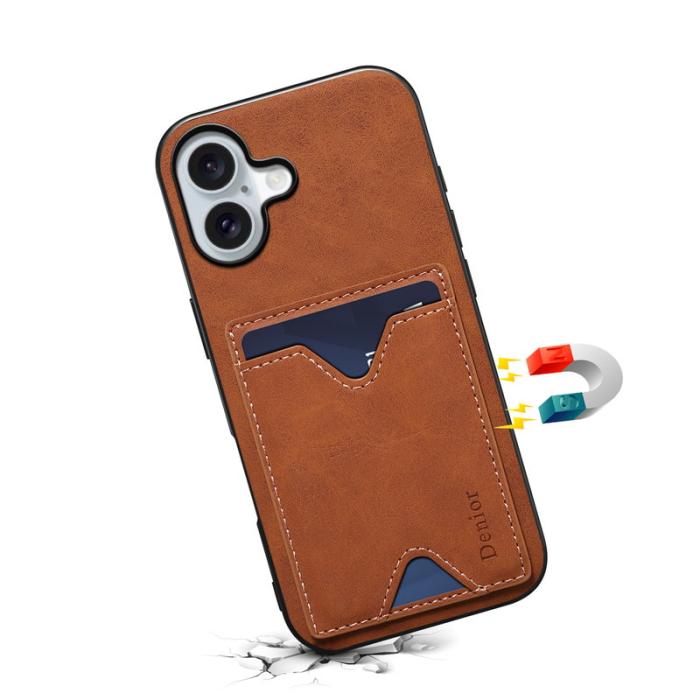 DENIOR - DENIOR iPhone 17 Fodral Kortfack Ställ i Läder + PC + TPU - Brun