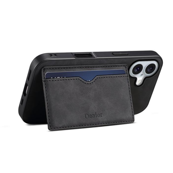 DENIOR - DENIOR iPhone 17 Fodral Kortfack Ställ i Läder - Svart