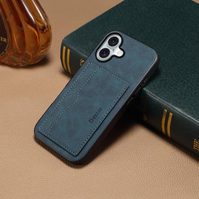 DENIOR - DENIOR iPhone 17 Fodral Kortfack Ställ i Läder - Blå